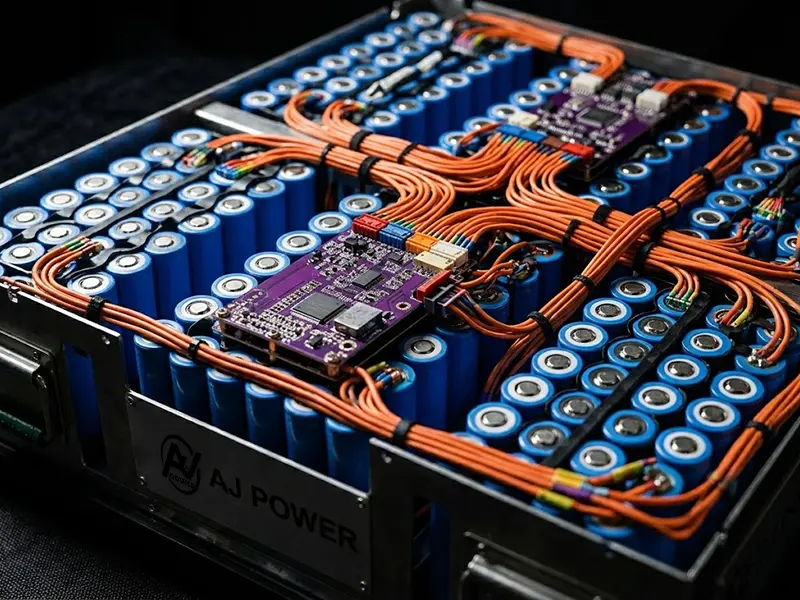 AJ Power UPS unit interior lithium battery module closeup