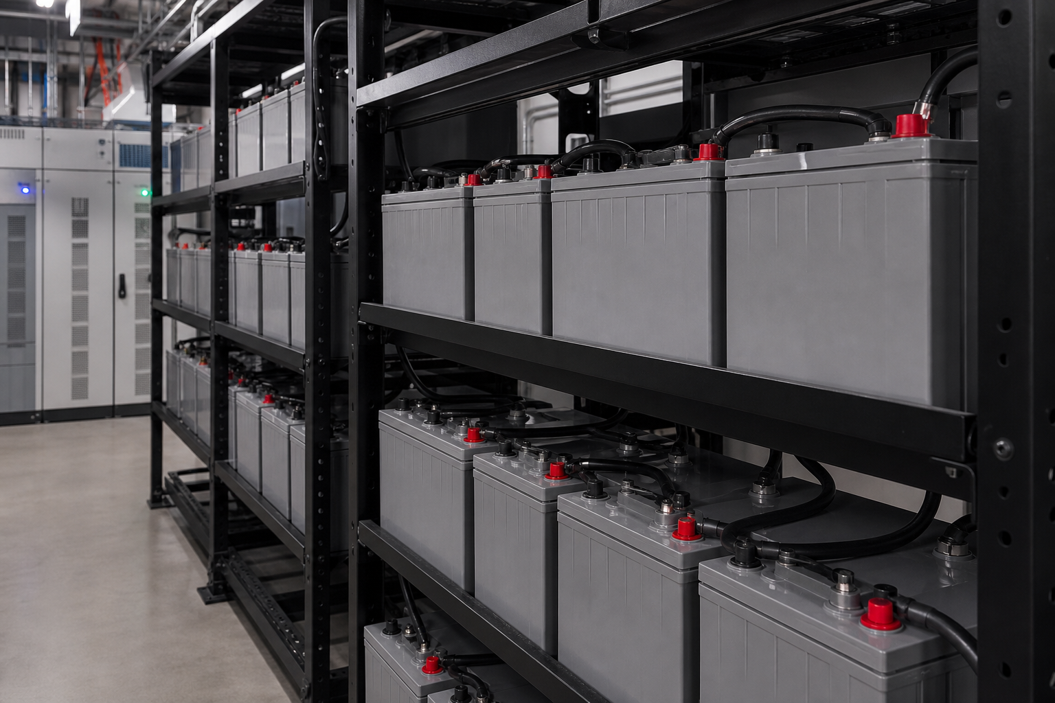 Industrial backup power racks with AGM VRLA batteries installed in a warehouse environment.