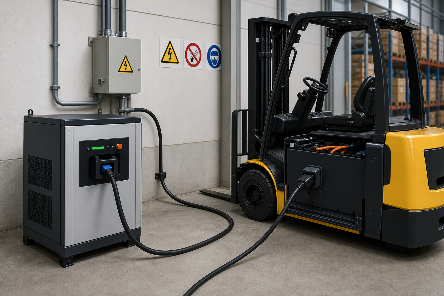 Fork truck battery charger connected to a lithium forklift battery in a clean industrial warehouse environment.