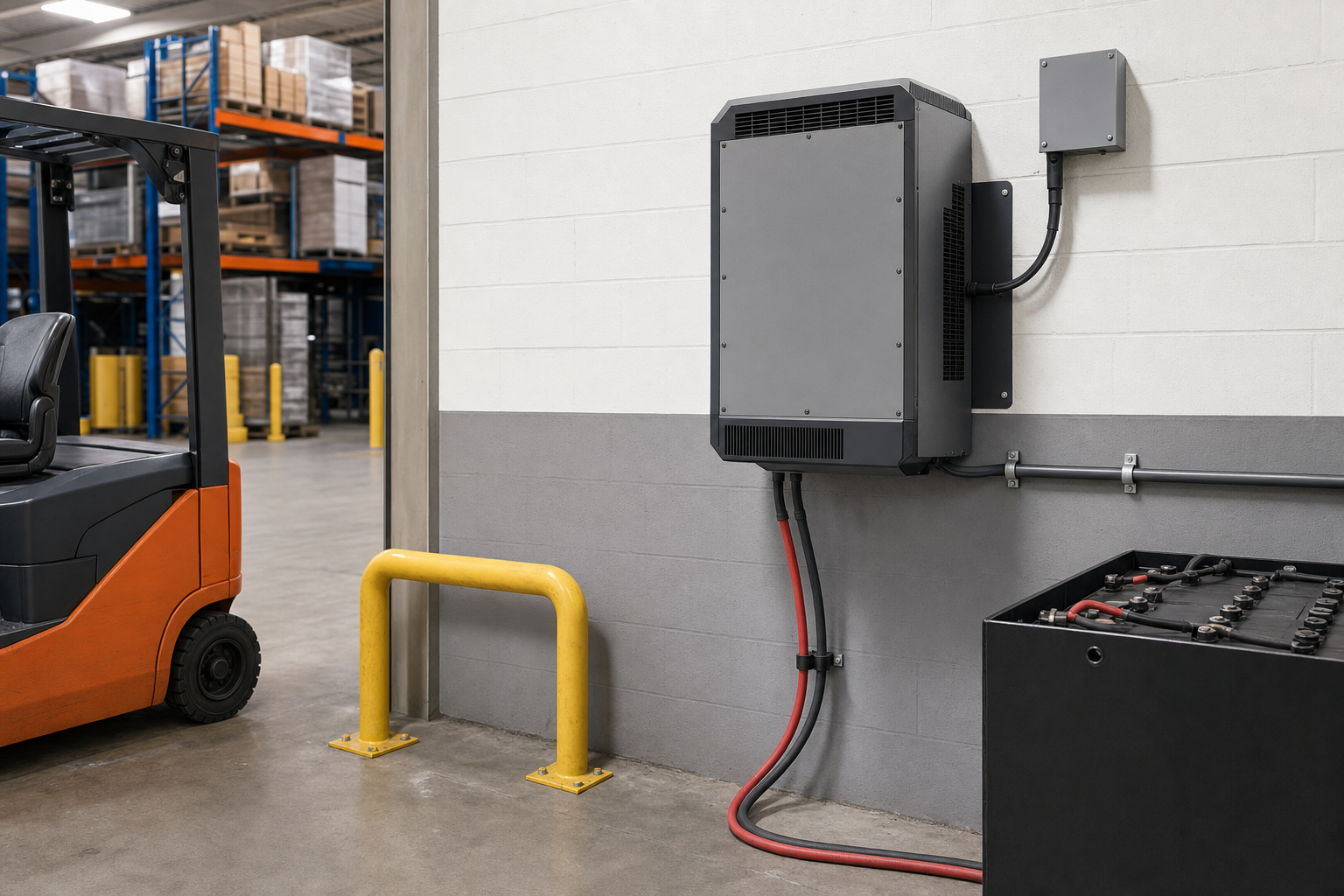 Industrial forklift battery charger installed in warehouse with proper clearance and cable routing.