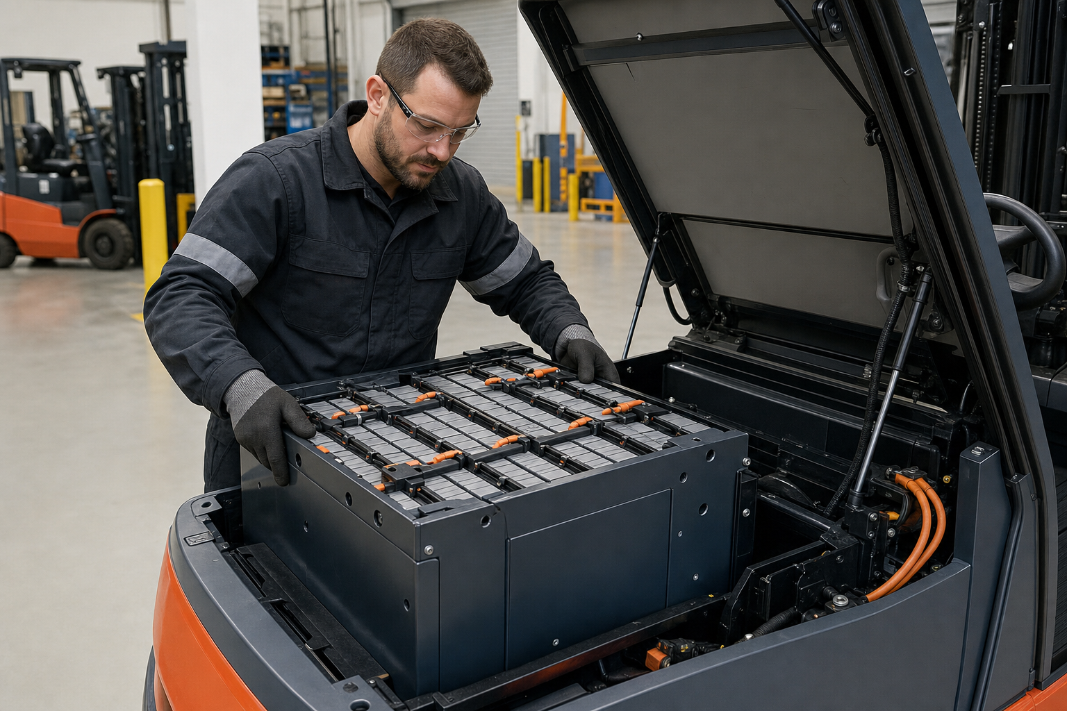 Technician installing a lithium forklift battery in an industrial warehouse setting.