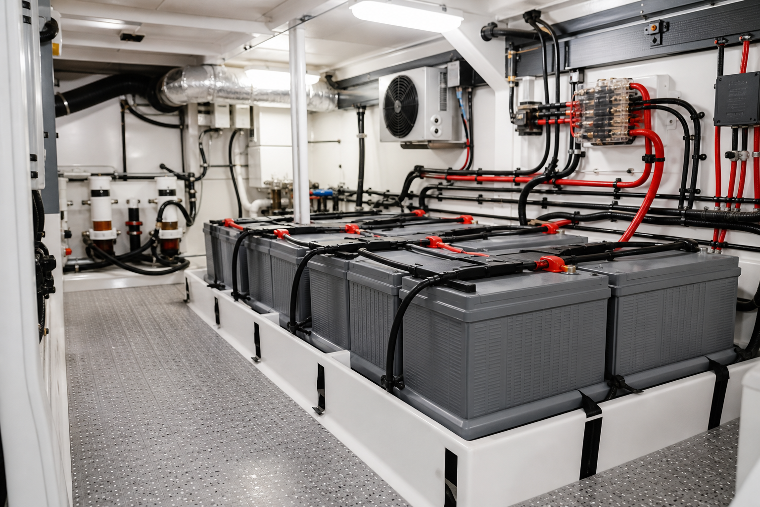 AGM marine batteries installed in a commercial vessel engine room with proper cable routing and ventilation.