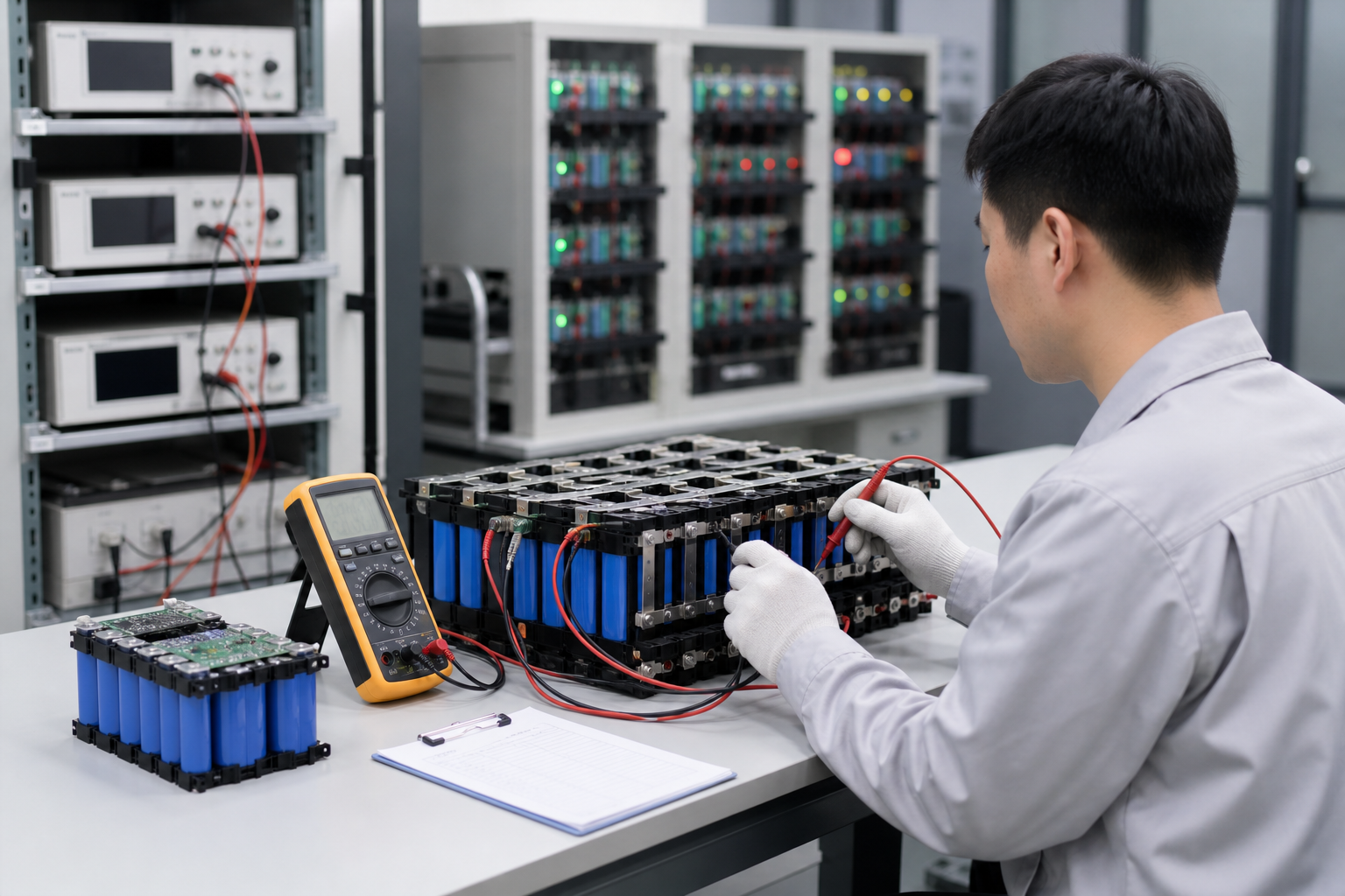 Technician measuring lithium battery voltage and capacity in a professional battery testing lab.