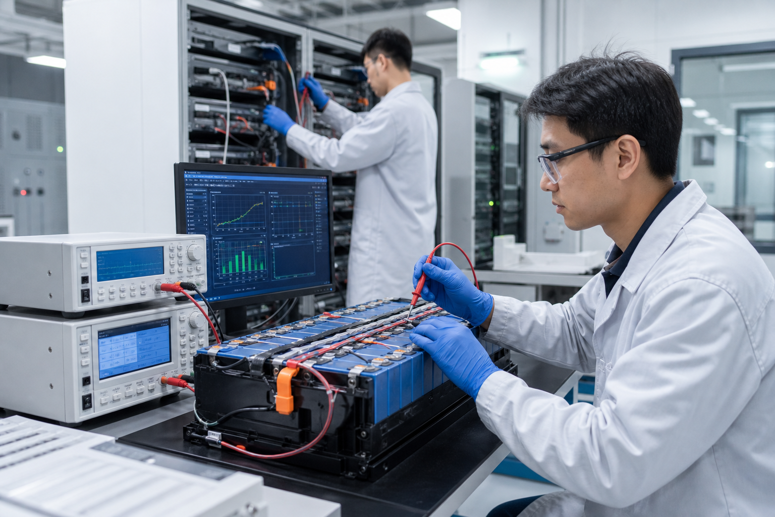 Technicians measuring battery voltage and capacity in a professional battery testing laboratory.