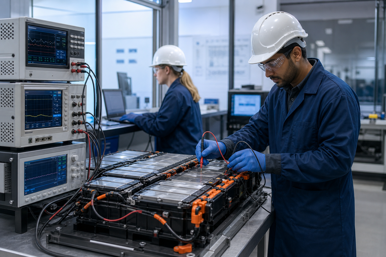 Industrial battery testing environment with measurement equipment and technician.