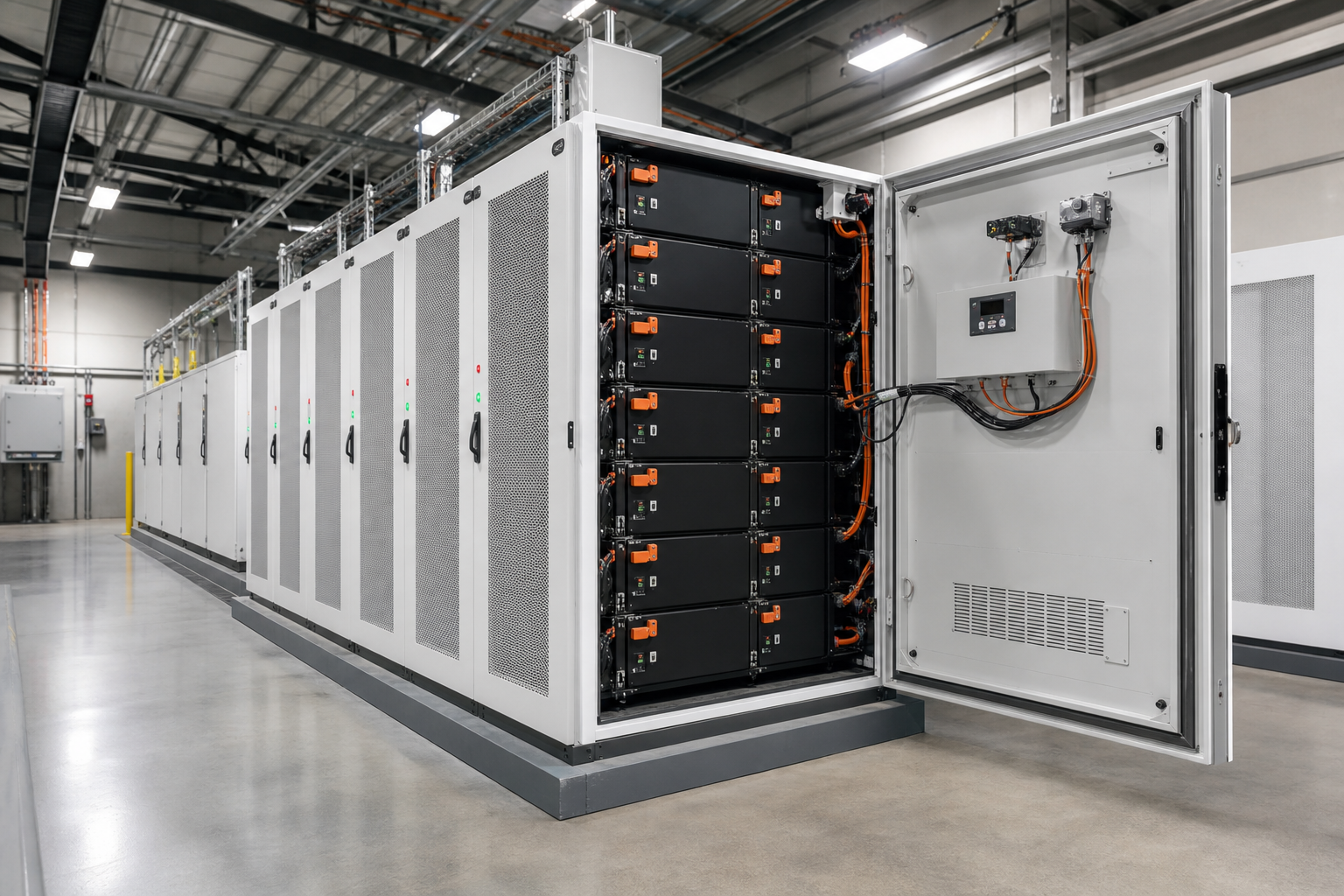 Modern commercial battery storage cabinets installed in an industrial facility.