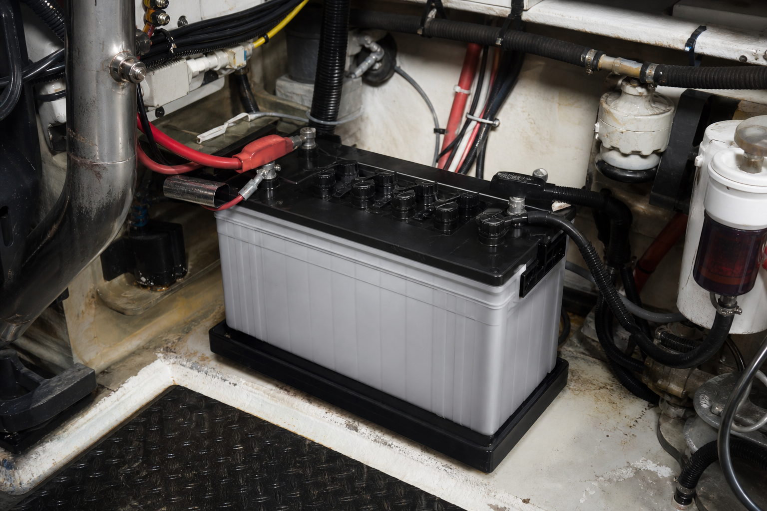 Dual purpose marine battery installed in a commercial workboat engine compartment with visible cabling.