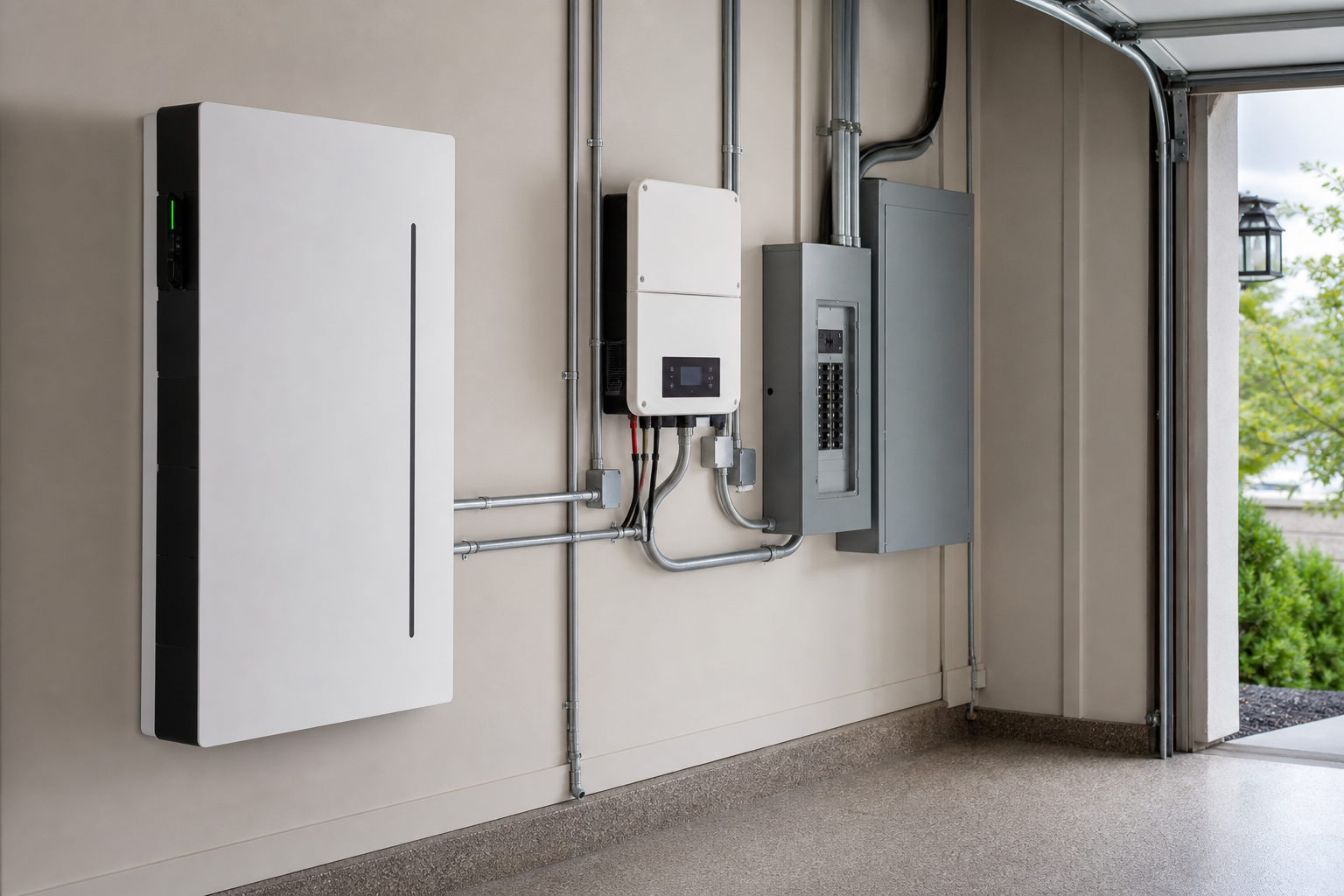 Residential battery backup system with wall-mounted lithium battery, inverter, and transfer switch installed in a modern electrical room.
