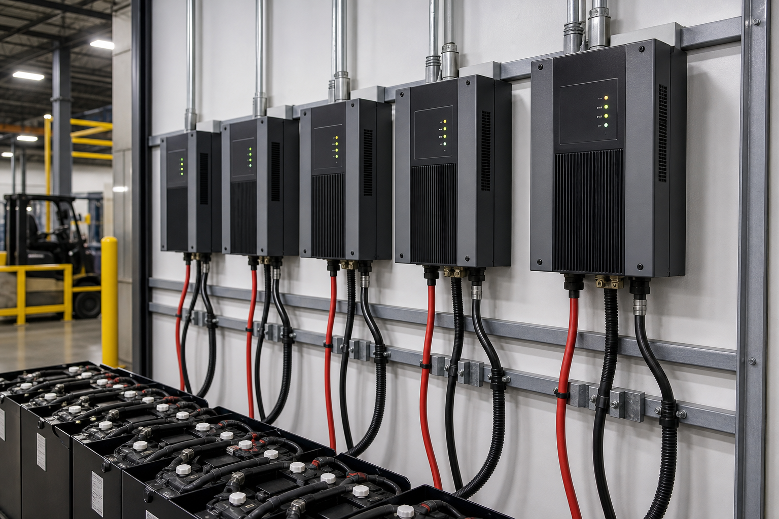Industrial battery chargers installed on a rack in a factory environment with battery systems.