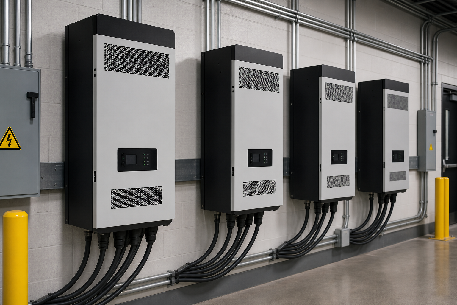 Industrial battery chargers installed in a clean, modern facility with visible cabling and safety features.