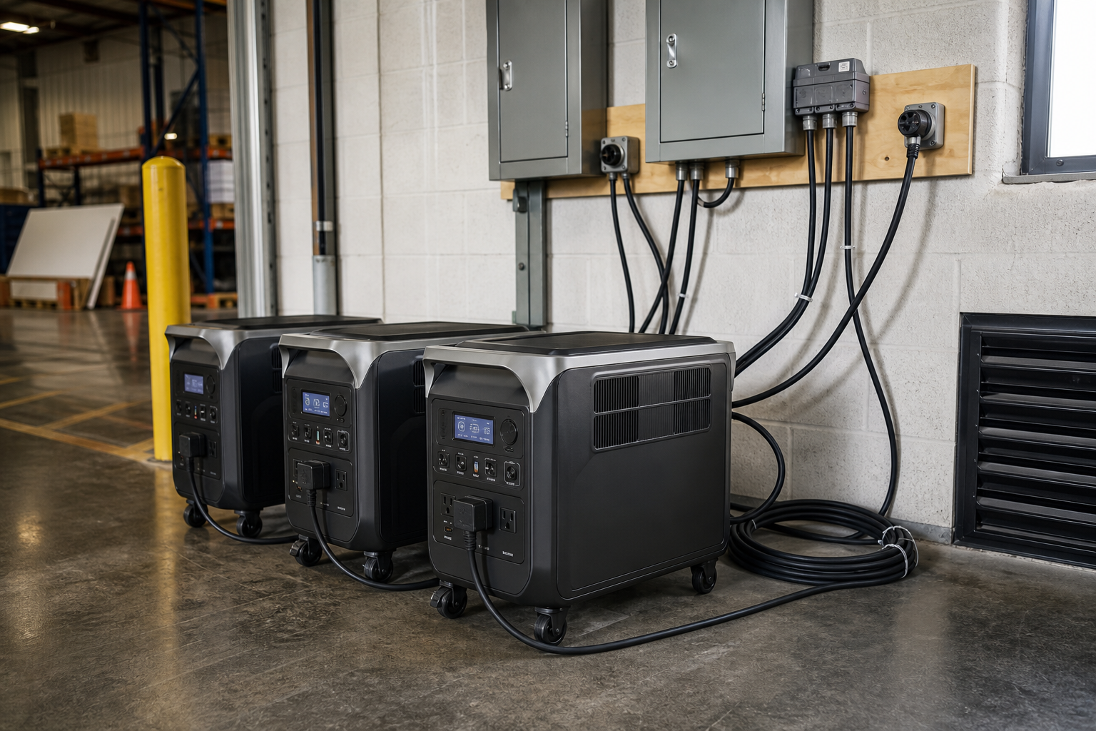 Several lifepo4 portable power stations deployed in an industrial warehouse environment with visible cable runs and clearances.
