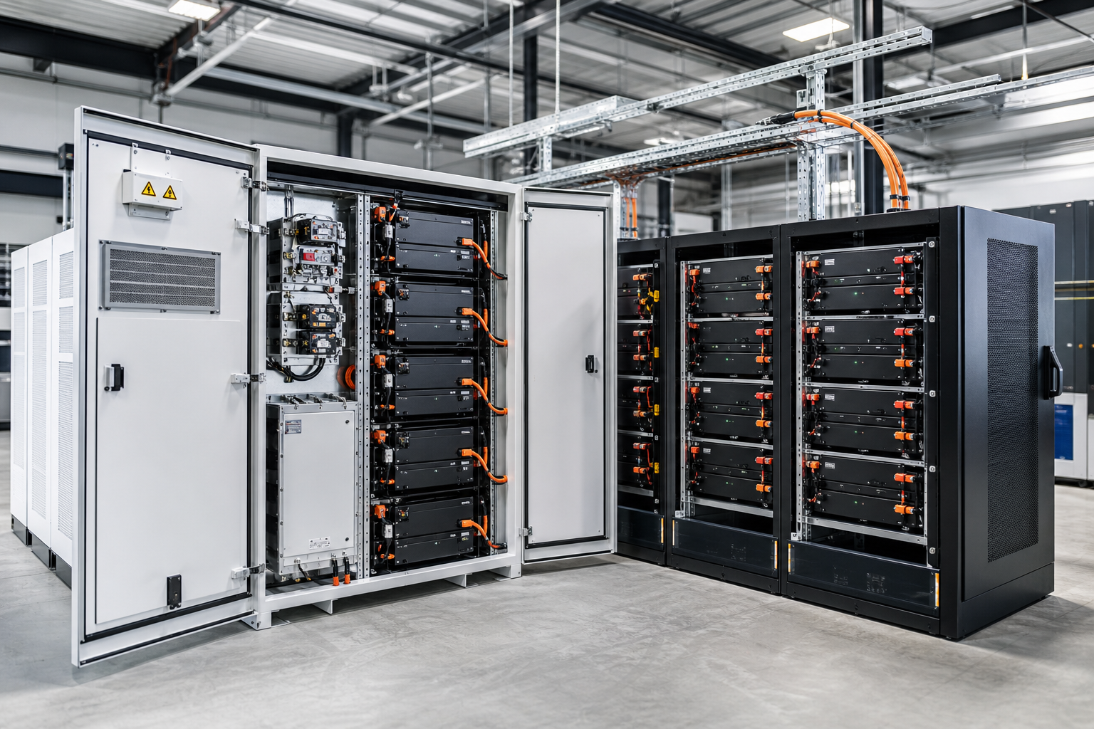Industrial battery energy storage cabinets with LiFePO4 and NMC lithium ion packs installed in a commercial facility.