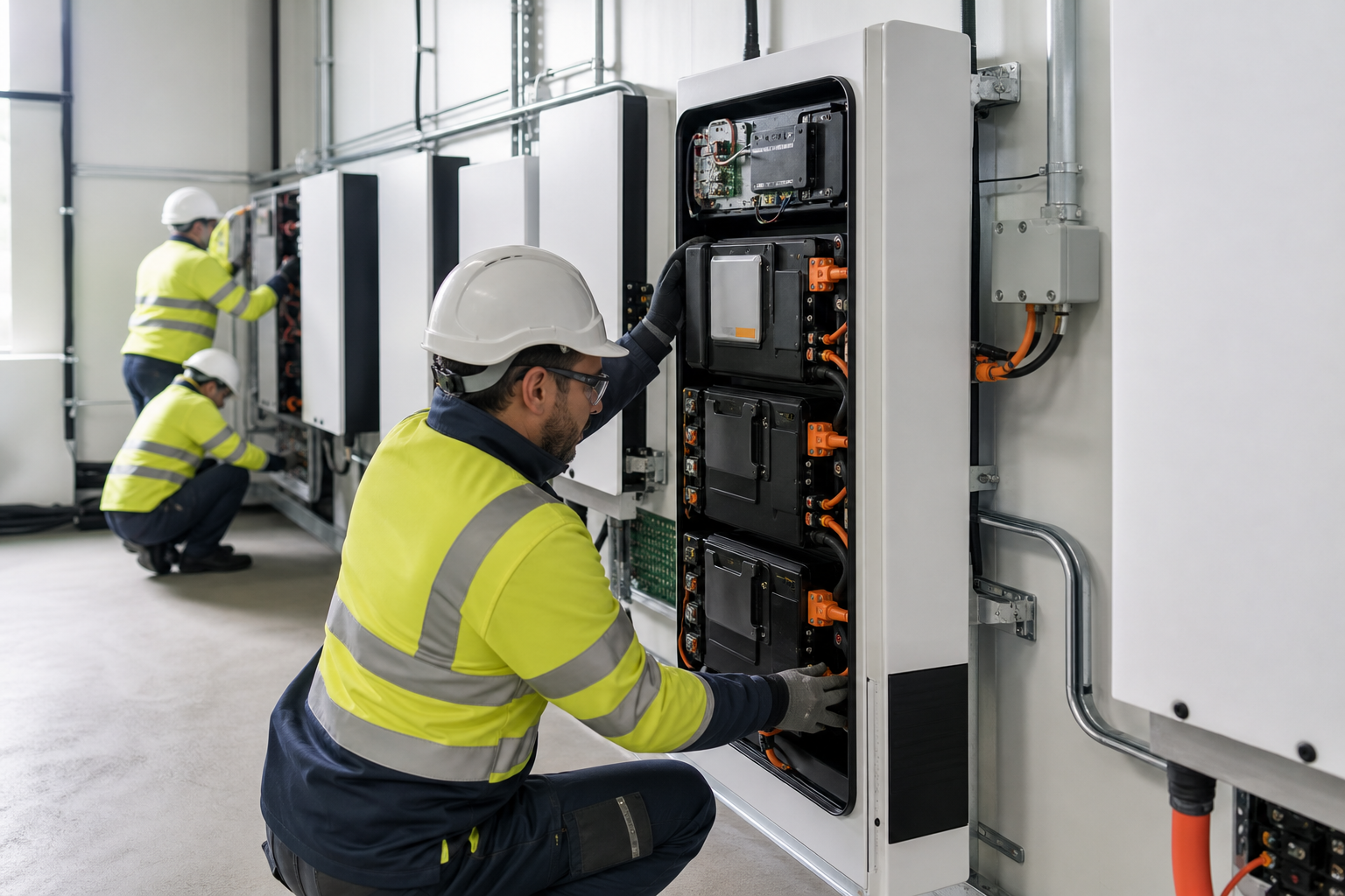 Technicians inspecting and installing lithium battery packs in an industrial warehouse environment.