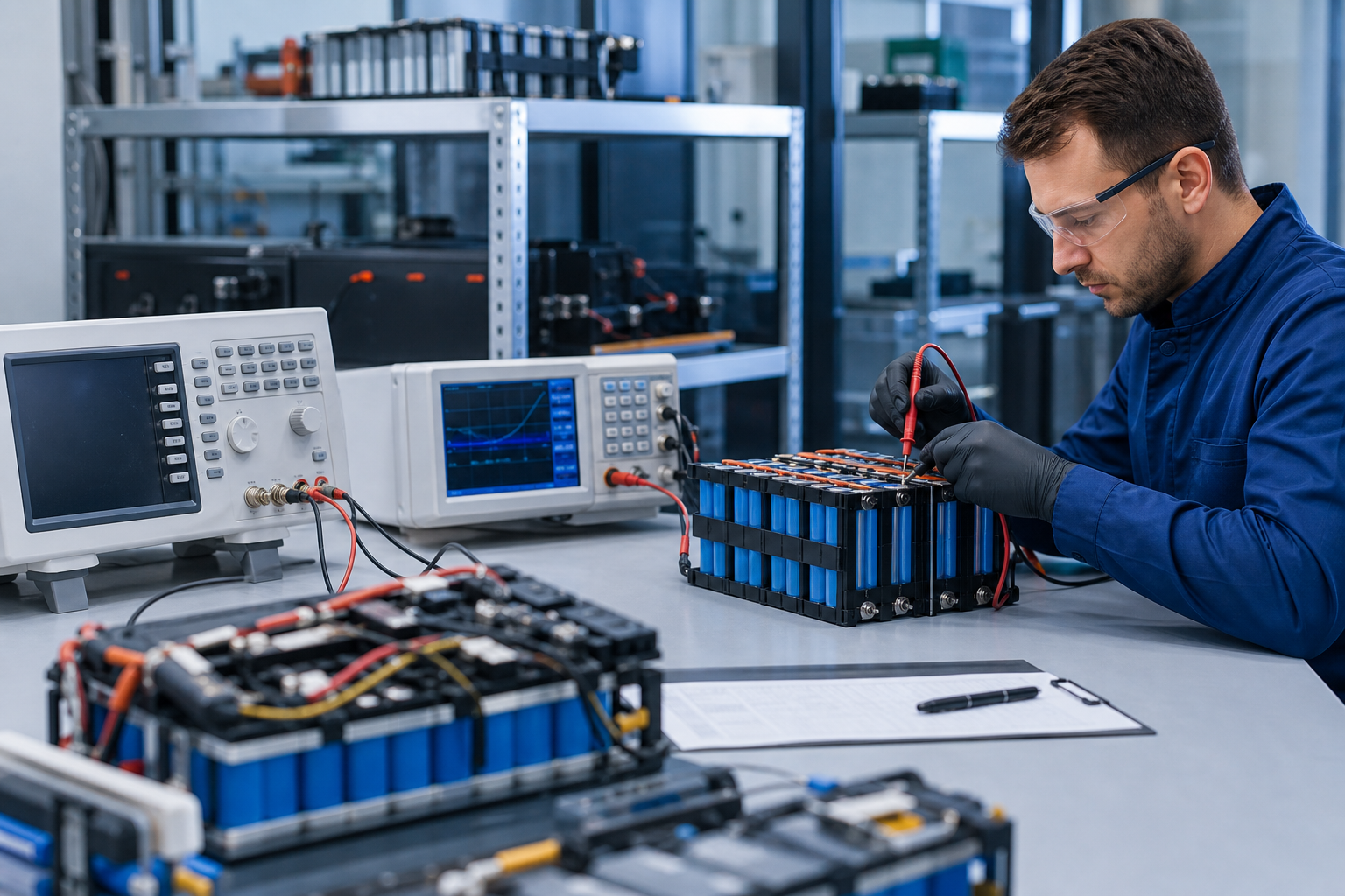 Industrial battery testing lab with technician measuring lithium battery voltage and capacity.
