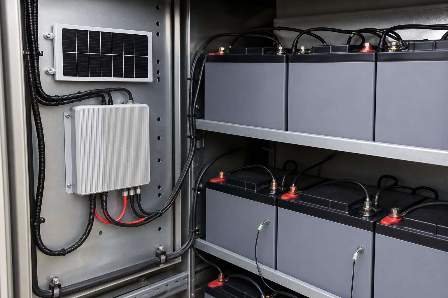 Solar battery maintainer installed in an industrial battery cabinet with proper clearance and cable management.