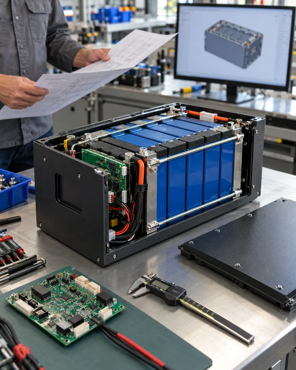 Concept of custom prismatic-cell battery engineering and BMS development at a workbench