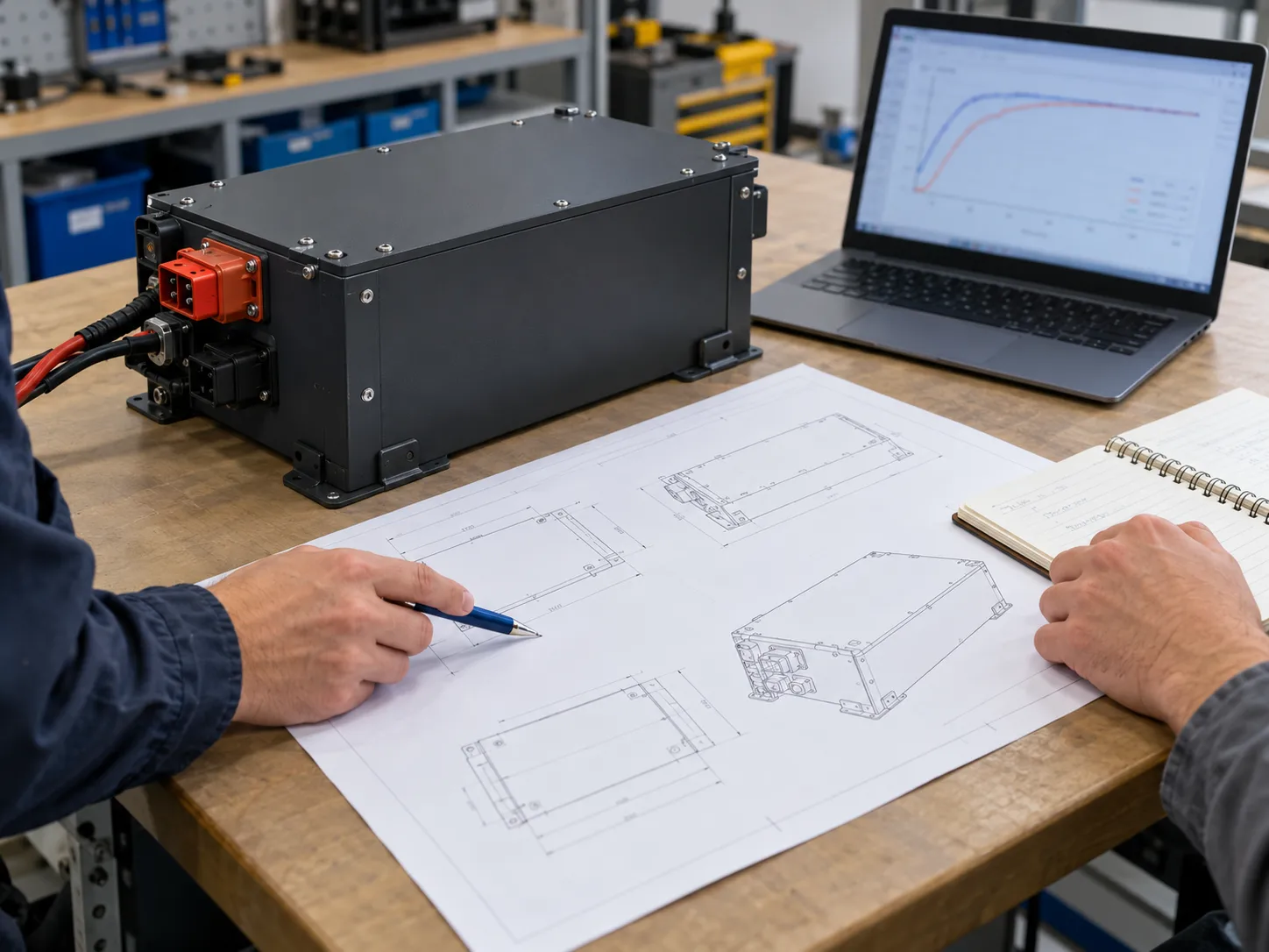 Concept of battery requirements review with drawings and a load-profile chart