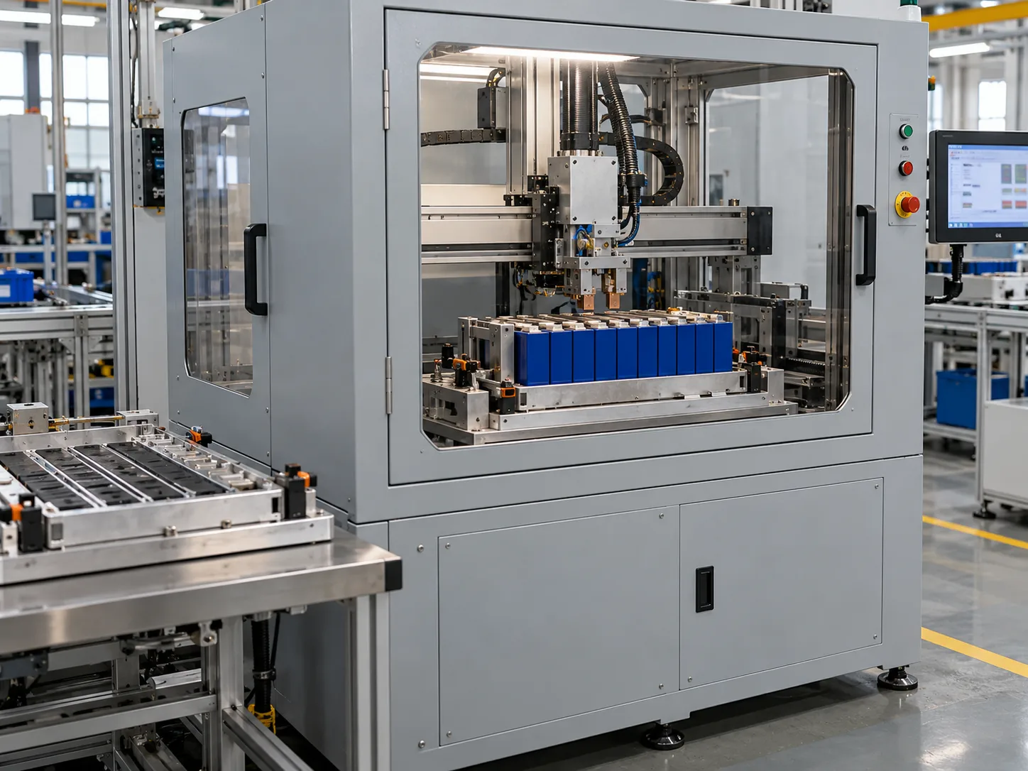 Concept of enclosed precision battery assembly and welding equipment