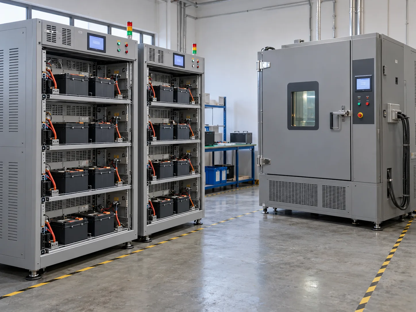 Concept of battery burn-in racks and a closed temperature test chamber