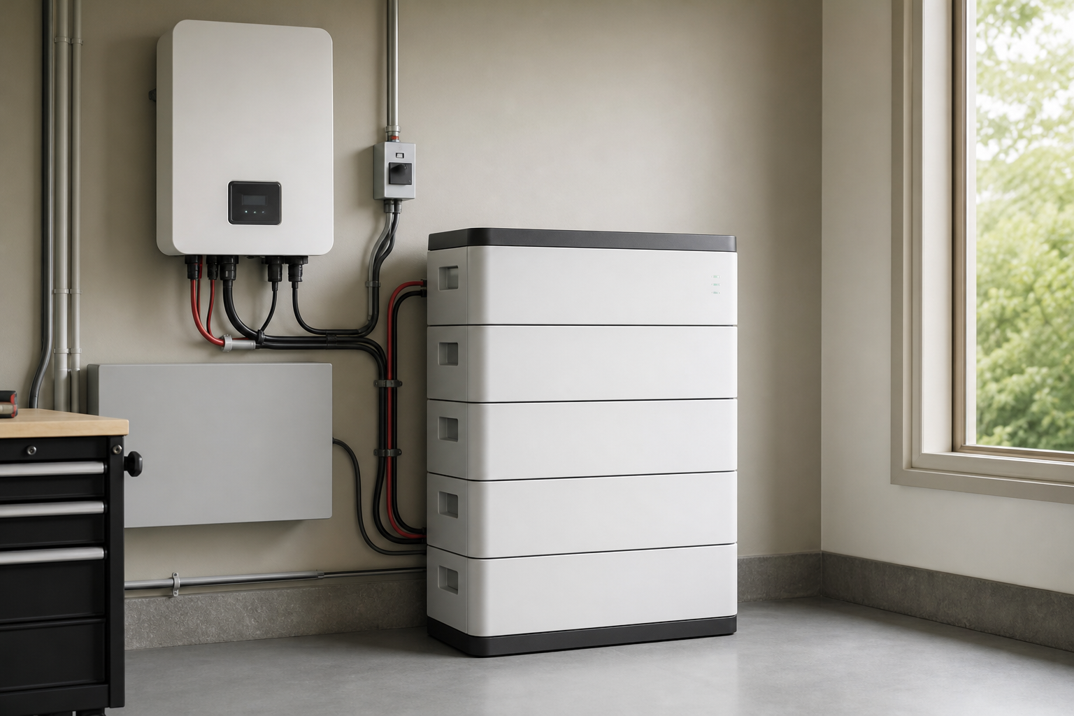 Modern 10 kWh home battery system installed in a residential utility room with visible inverter and clean wiring.