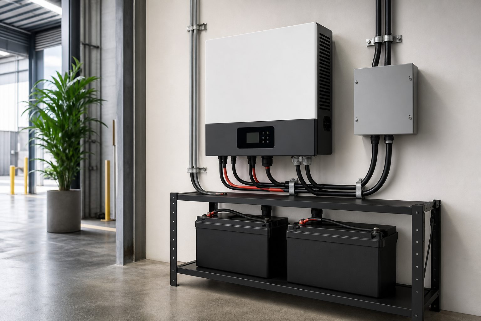 A 2000 watt solar generator installed in a commercial setting with correct cable routing and ventilation clearance.