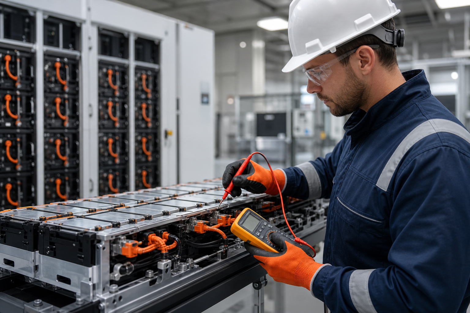 Technician measuring voltage on a lithium battery module in an industrial test environment.