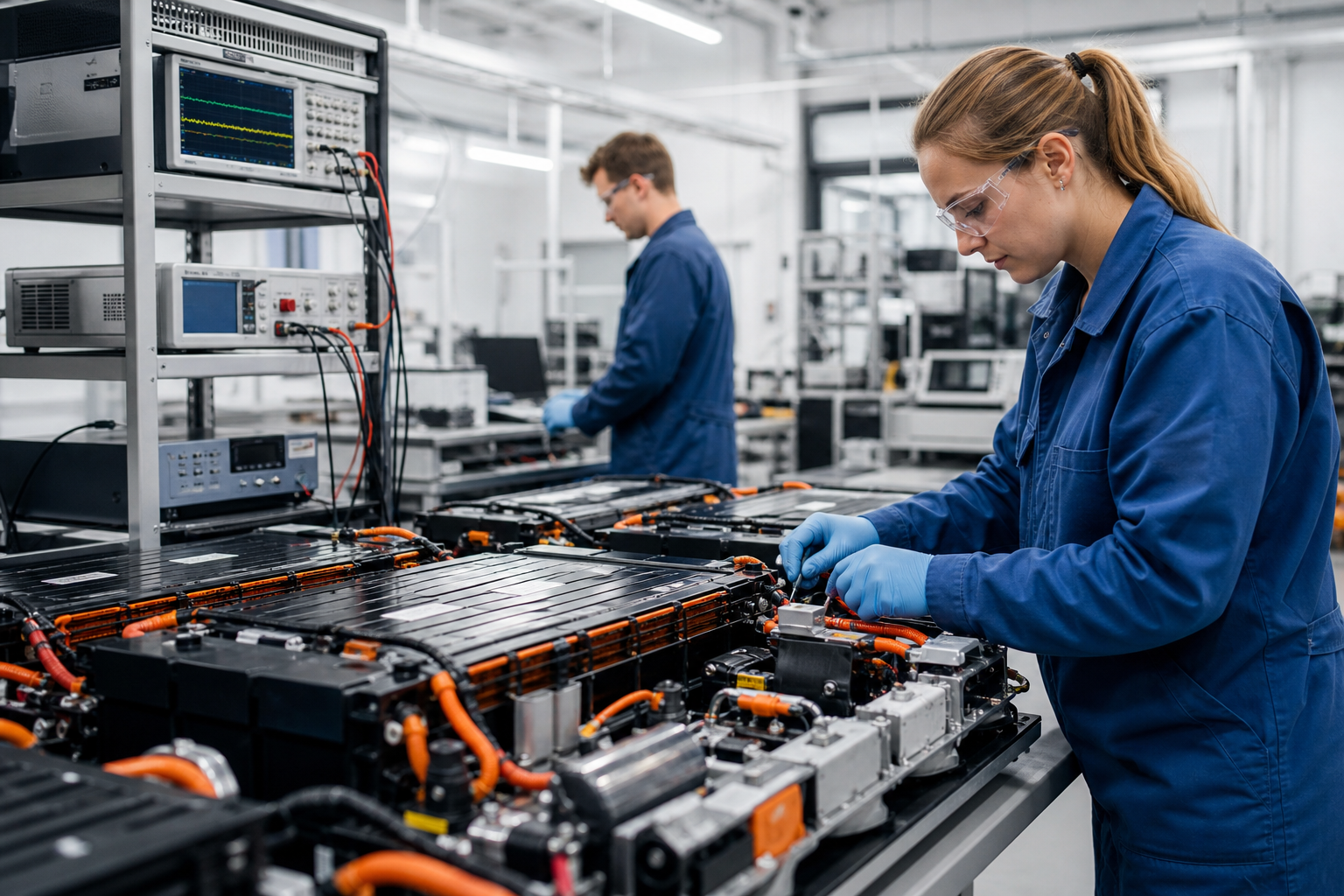 Battery testing laboratory with technicians and measurement equipment.