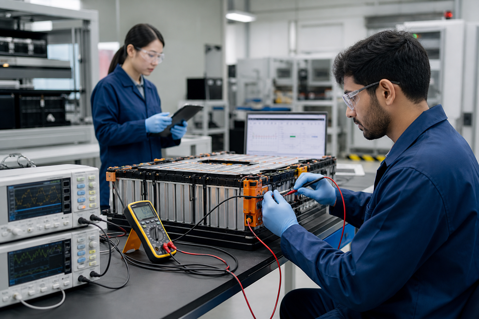 Engineers measuring battery voltage and capacity in a battery testing laboratory.