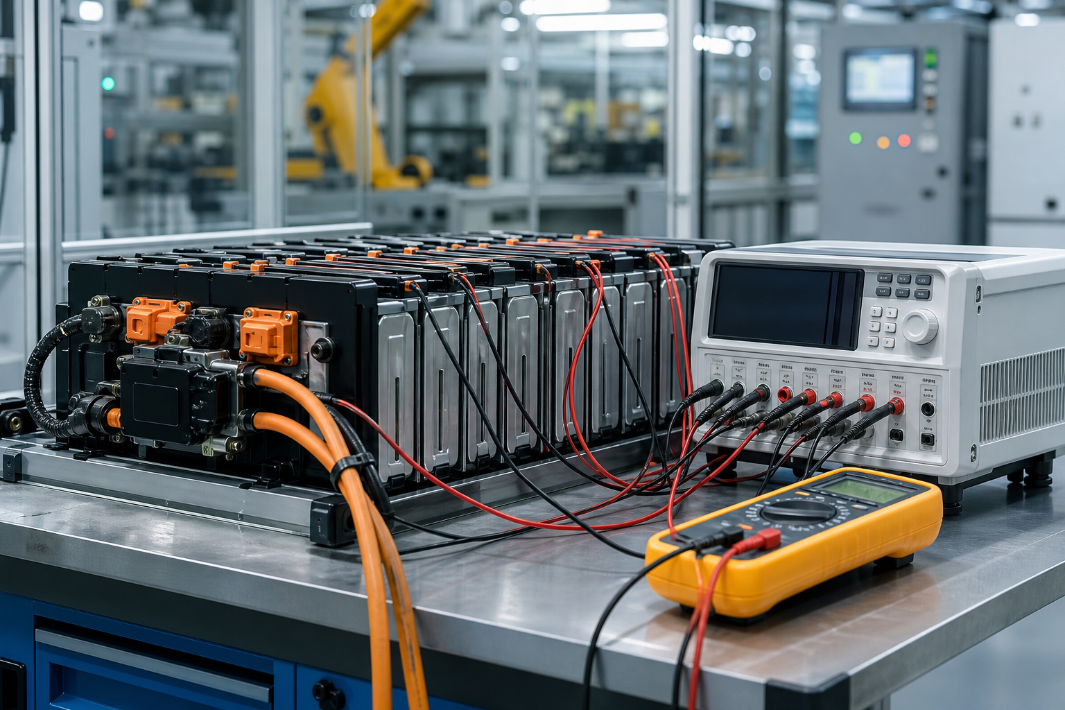 Industrial battery testing equipment measuring battery modules in a factory environment.