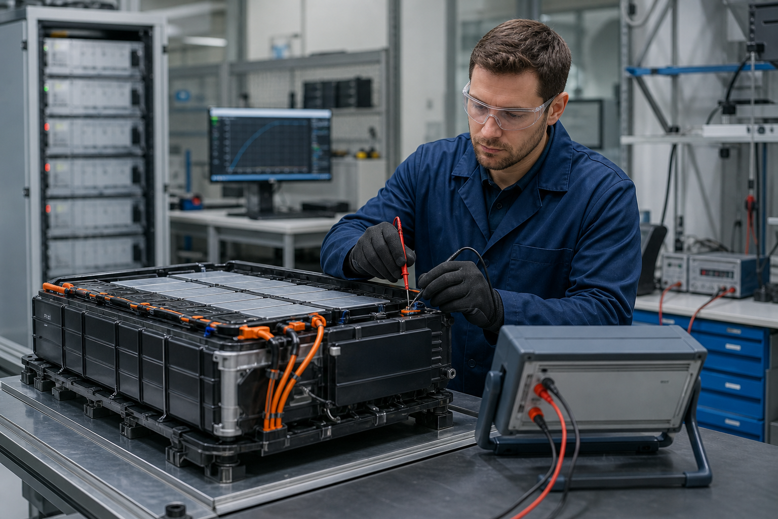 Technician measuring a large lithium battery module in a battery testing laboratory.