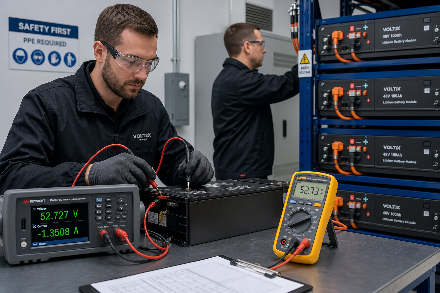 Technicians measuring voltage and current on commercial lithium battery modules in a testing environment.