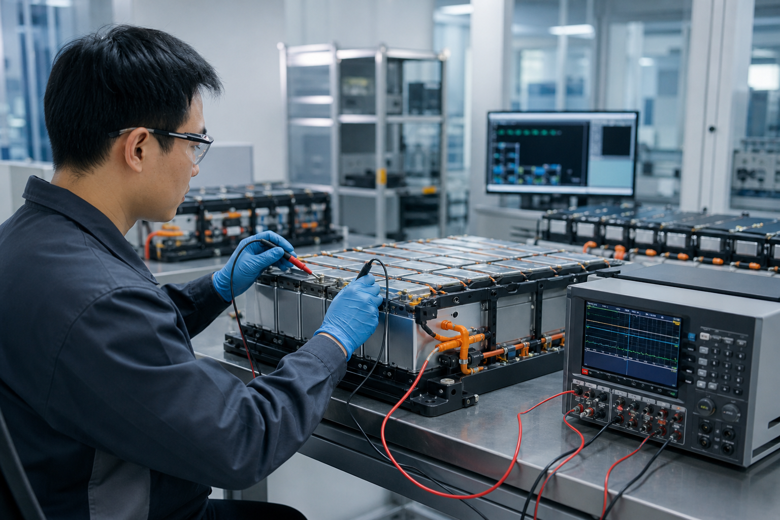 Technician measuring voltage and capacity of lithium battery modules in a modern laboratory.