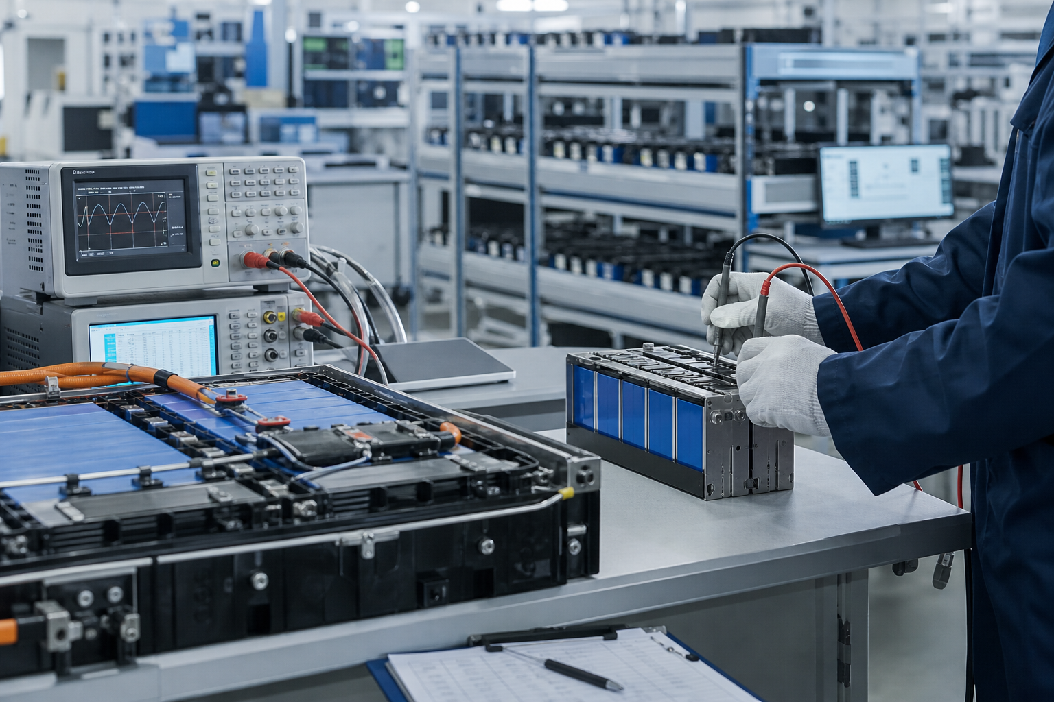 Industrial battery testing station with lithium battery modules and measurement equipment.