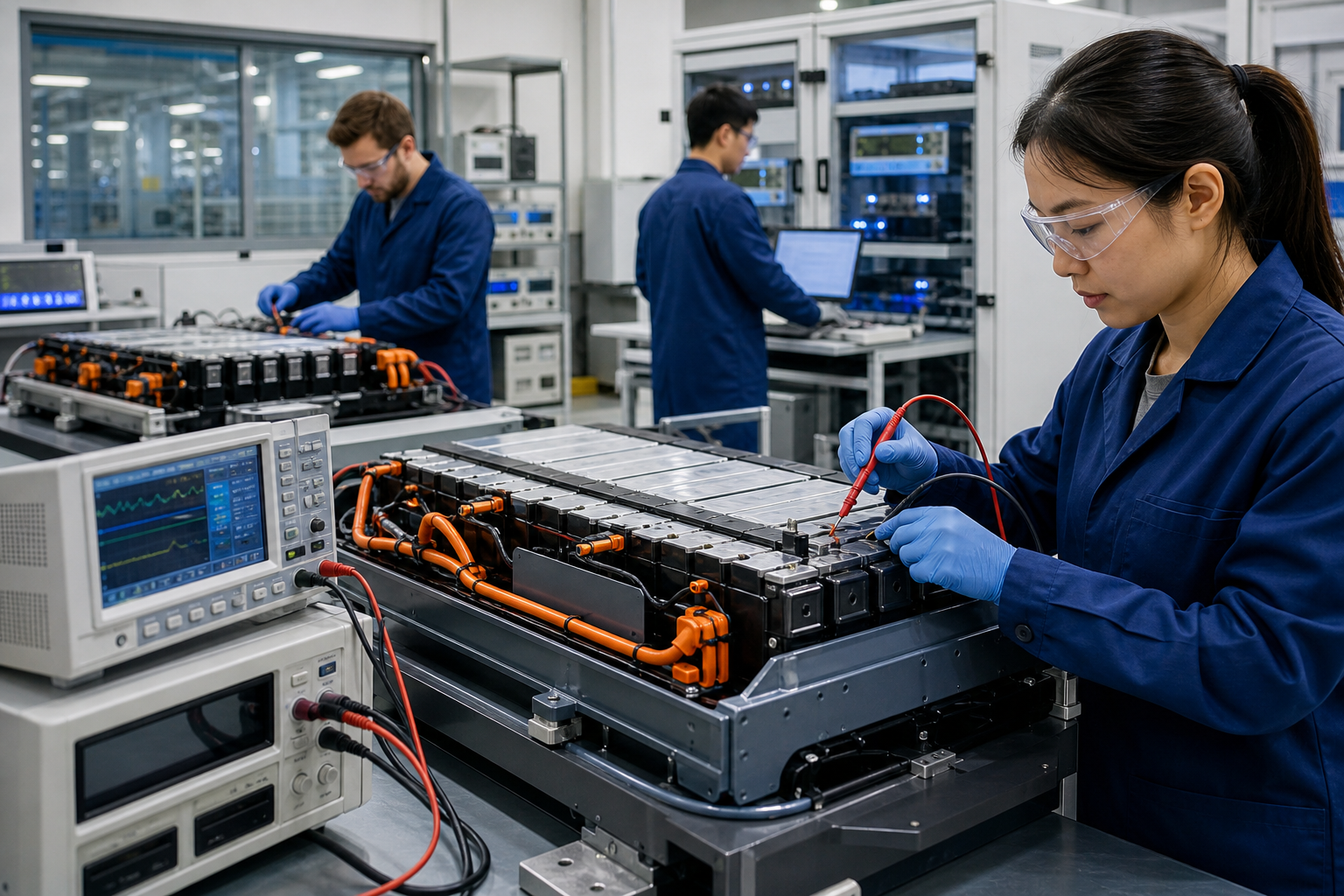 Battery testing laboratory with technicians measuring battery capacity and voltage.