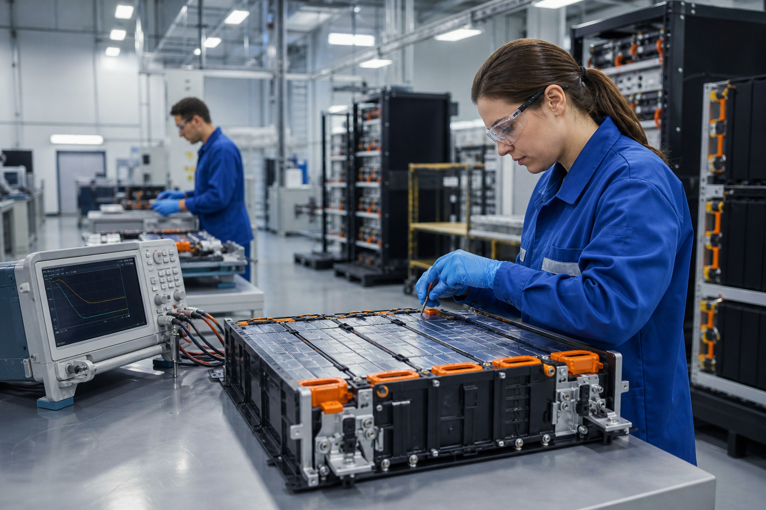 Battery testing laboratory with measurement equipment and technicians in safety gear.