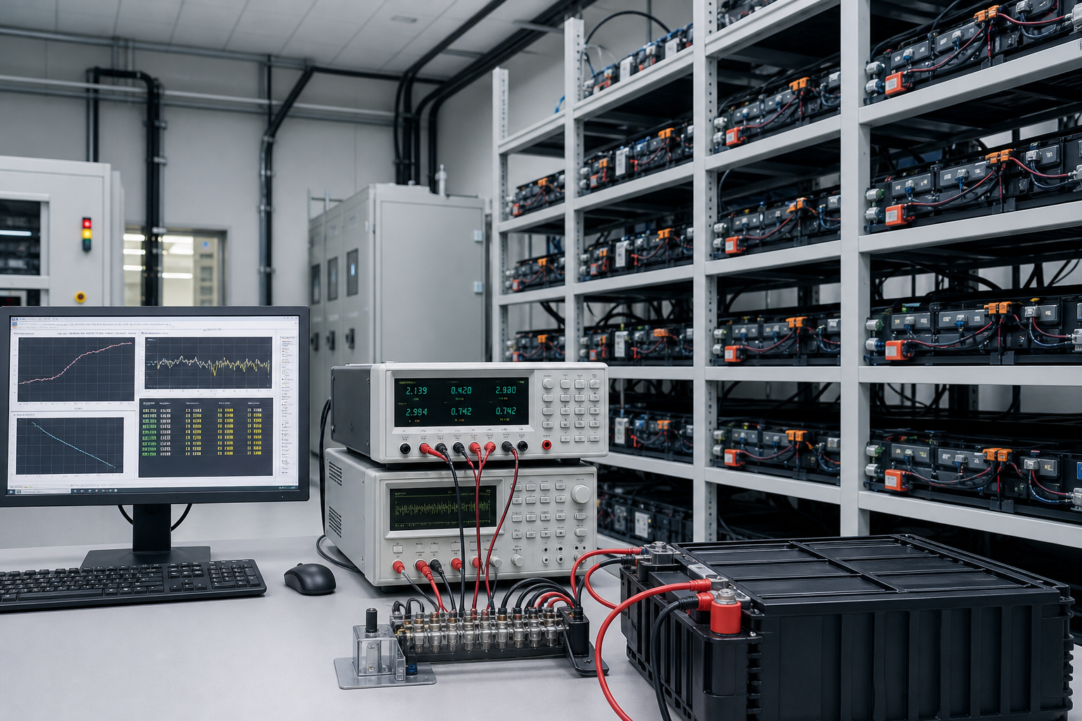 Industrial battery rack with measurement equipment in a testing laboratory.