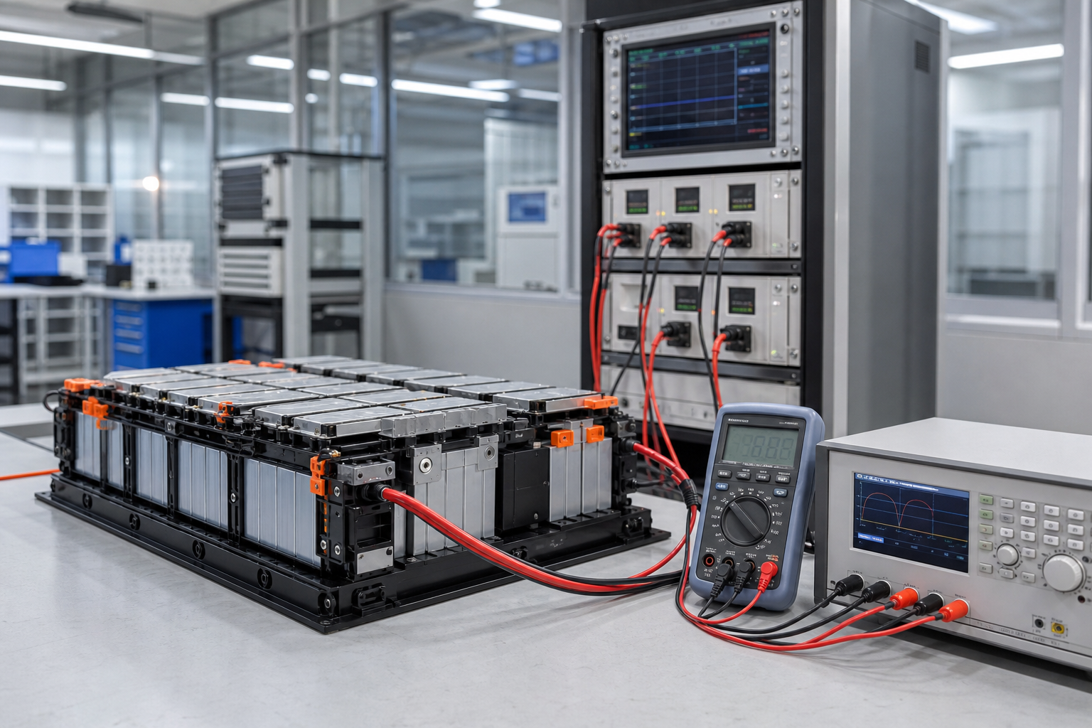 Battery modules connected to measurement equipment in a professional testing laboratory.