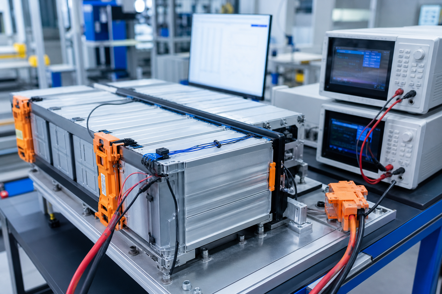 Industrial battery modules being measured with digital equipment in a factory testing environment.