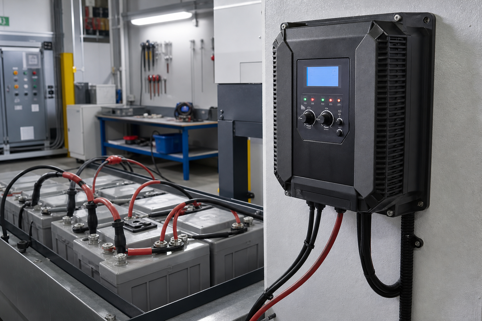 Industrial battery charger with desulfation controls installed in a maintenance workshop.