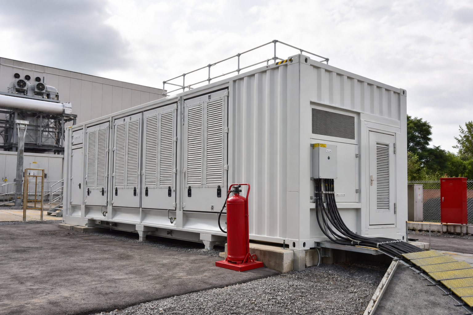 Industrial battery energy storage system rental unit installed at a commercial facility.