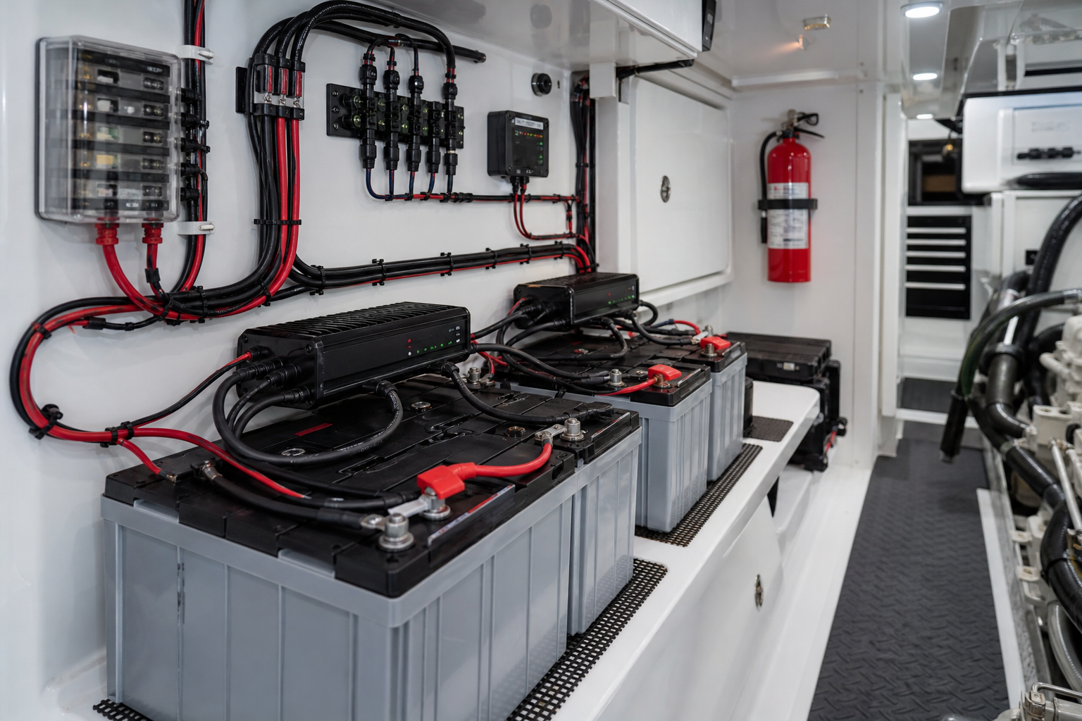 Marine battery maintenance setup with connected maintainers in a boat engine room, showing battery banks and tidy wiring.