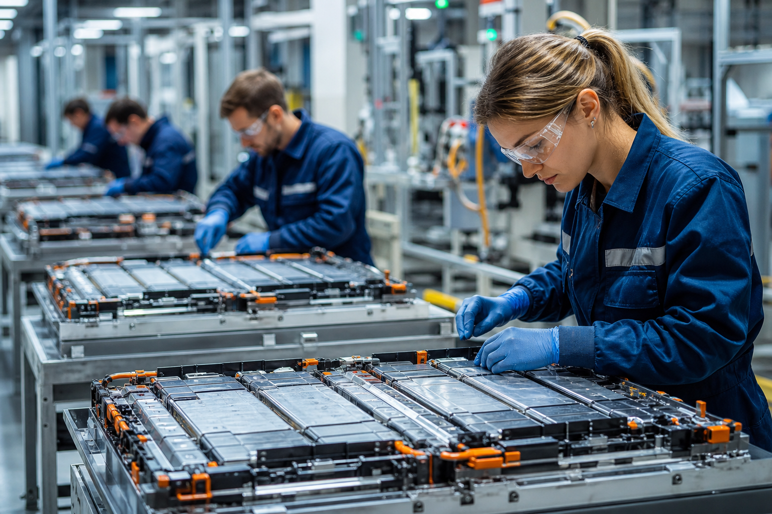 Technicians inspecting lithium battery modules on a factory assembly line.