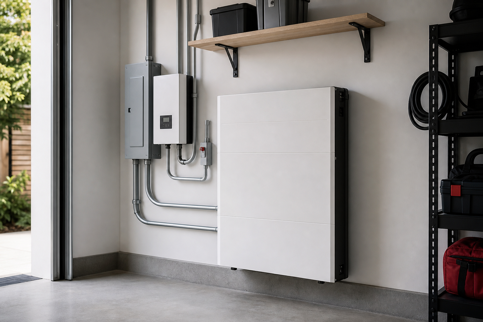 Residential lithium battery system installed in a utility room with proper clearance and cable routing.
