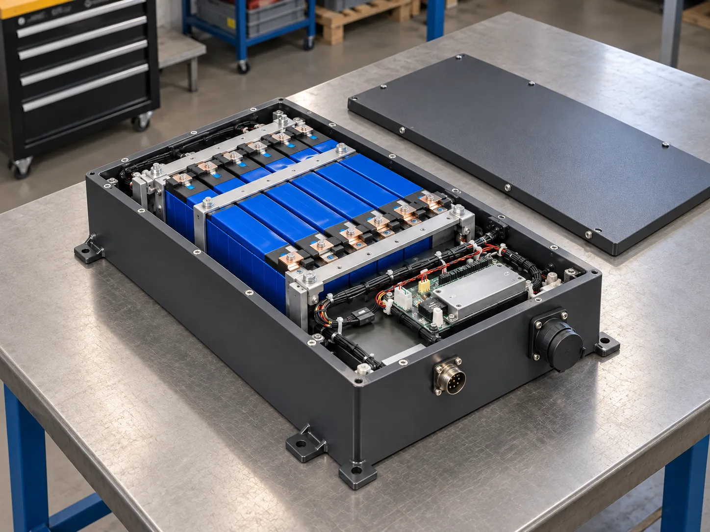 Opened industrial traction battery concept with prismatic cells, structural brackets and organized BMS wiring