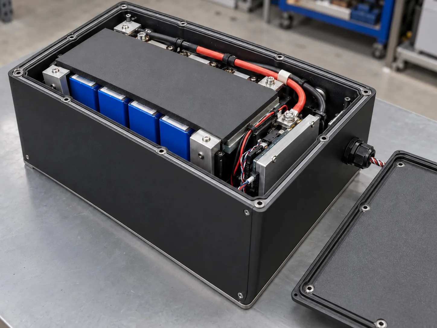 Concept detail of prismatic cells, BMS wiring and an enclosure gasket