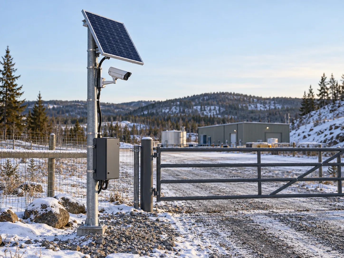 Off-grid solar CCTV concept at an industrial entrance in winter