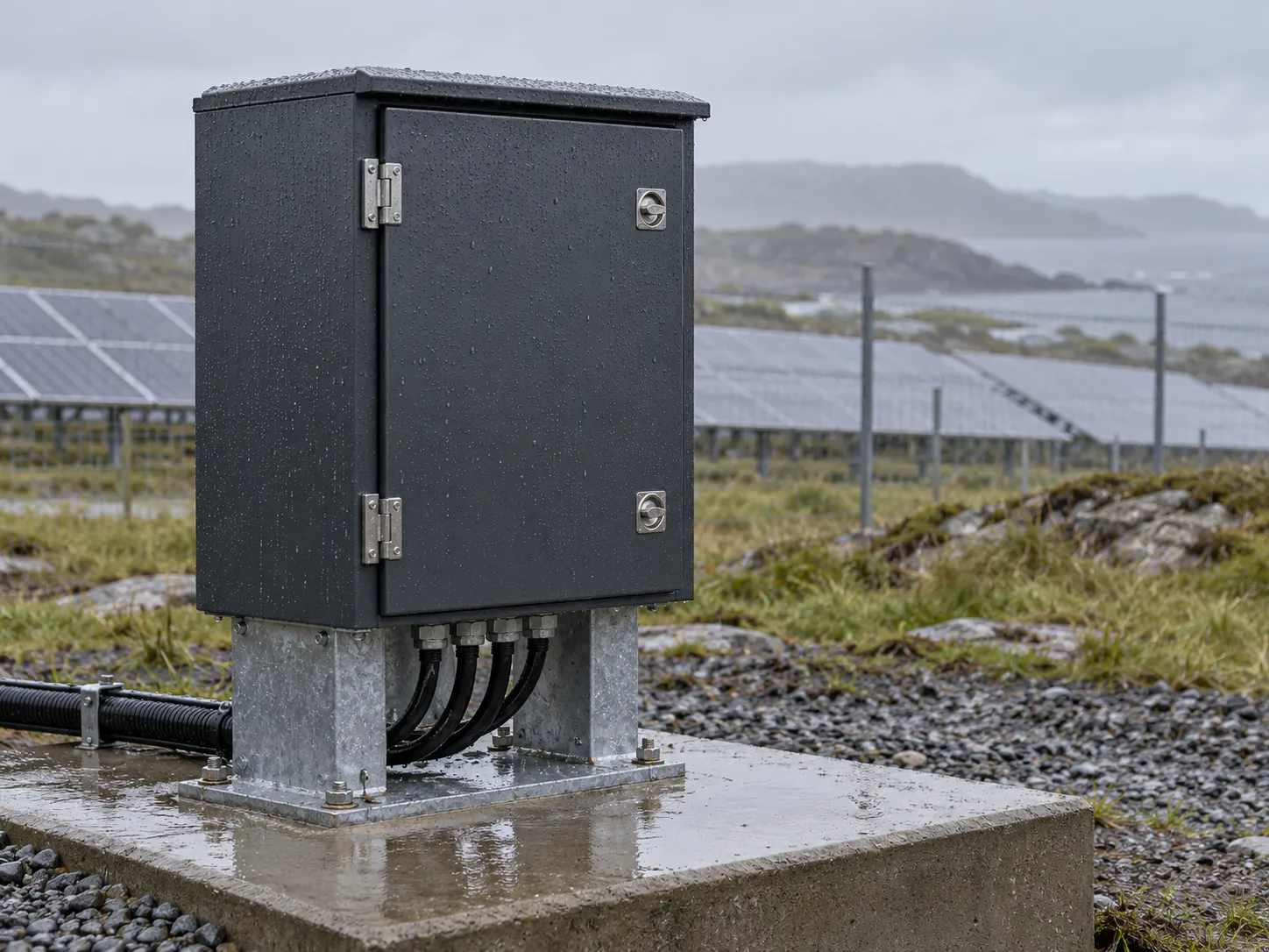 Weather-resistant battery enclosure concept in a rainy outdoor solar installation