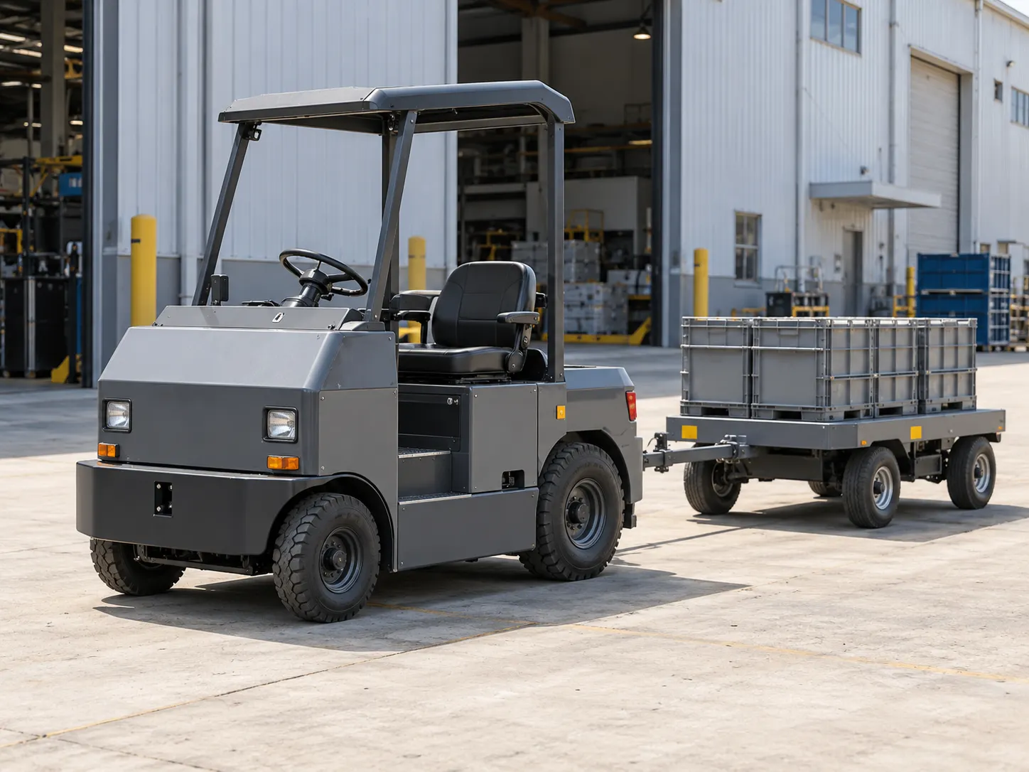 Electric industrial tow tractor with a material trailer in a factory yard, application concept