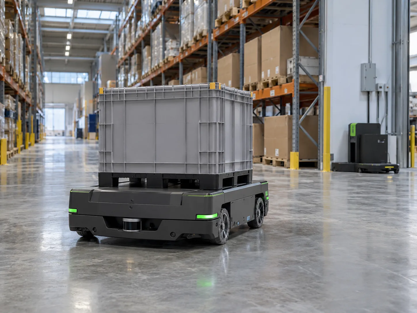 Warehouse AMR carrying an industrial tote in a logistics aisle, application concept