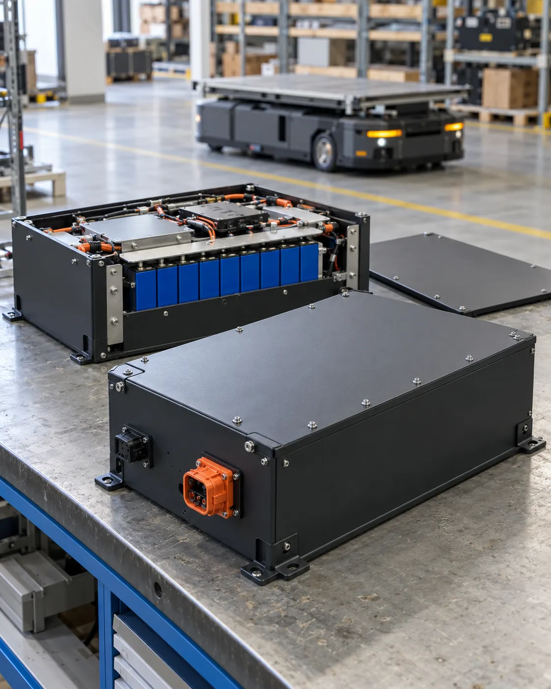 Industrial LiFePO4 AGV battery pack concepts with prismatic cells and a warehouse robot in the background